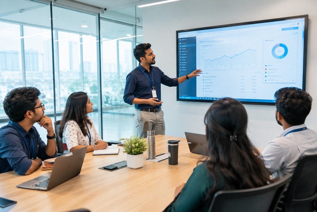 A B2B team in a meeting room watching a pipeline presentation.