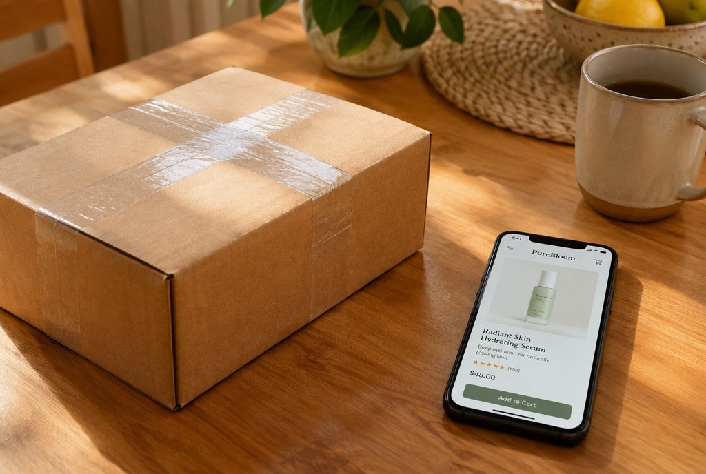 A packed courier parcel and a phone showing the product page