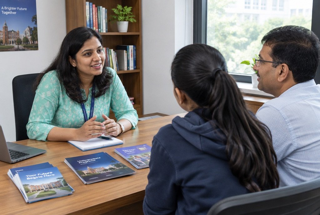 An admissions counsellor talking with a student and her parent.