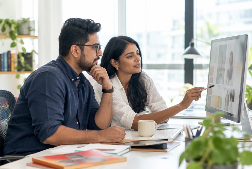 A strategist and a designer at one desk with a shared brief on a monitor