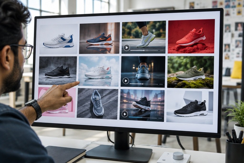 A screen showing generated image and video variants in a grid