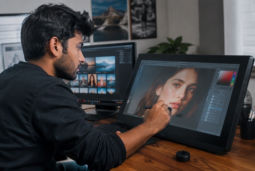 An editor correcting a generated frame with a stylus