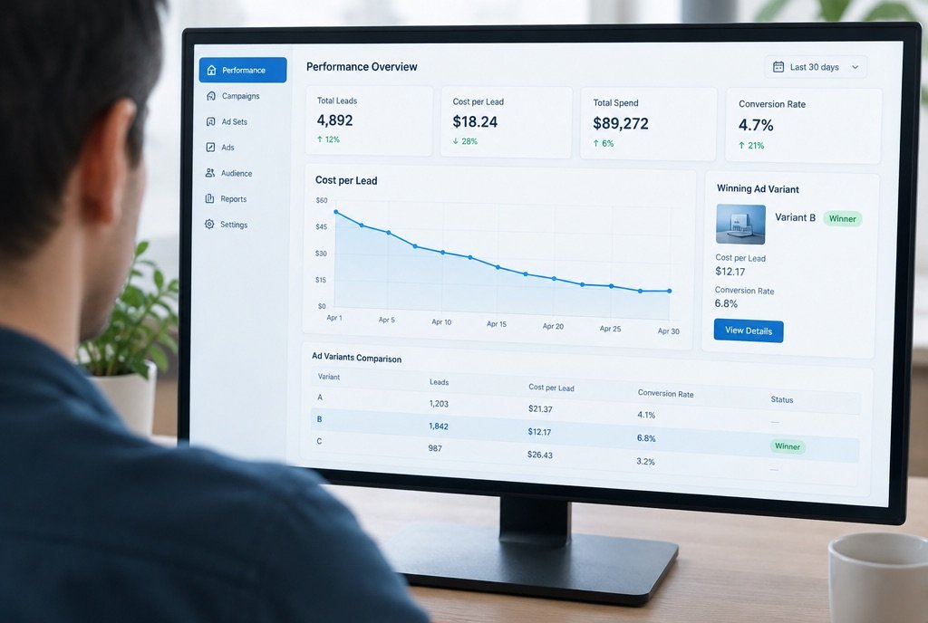 A dashboard with cost per lead and winner variants