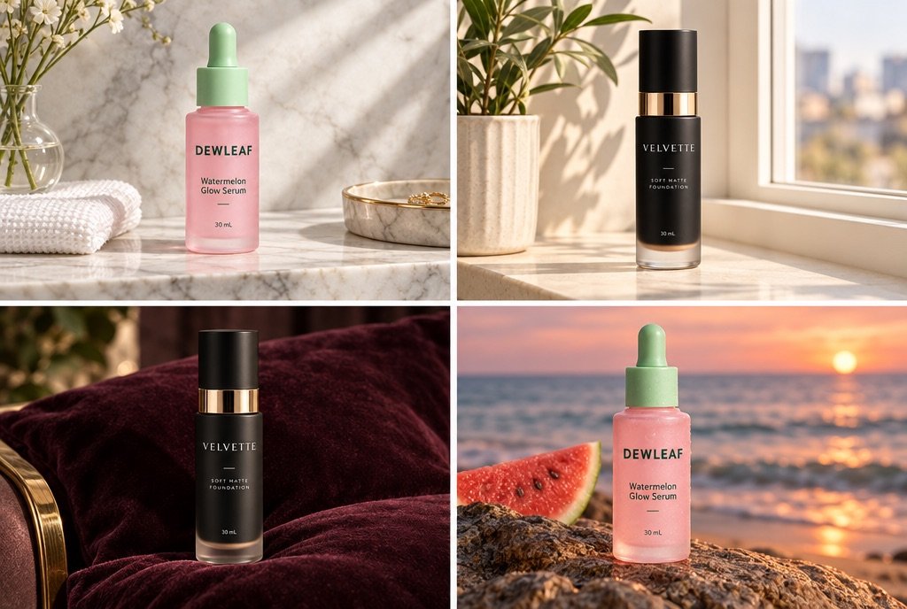 Four AI product photos of a serum bottle in different scenes.