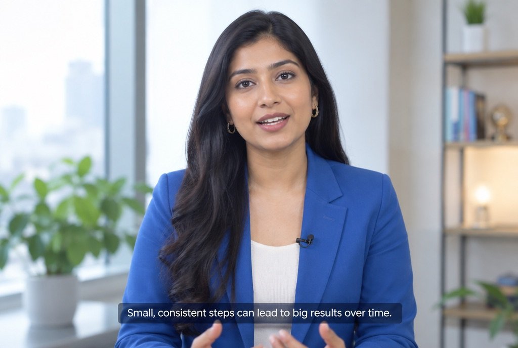 A presenter speaking to camera with captions