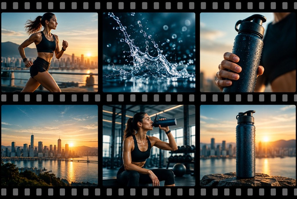 A film strip of AI-made product video frames.