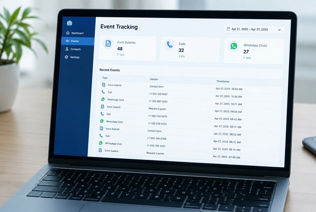A tracking view with form, call and WhatsApp click events listed
