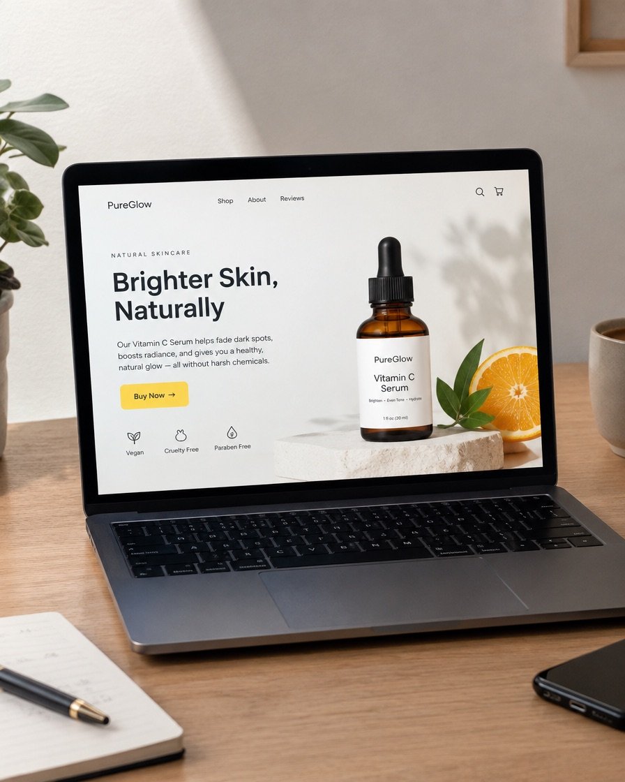 A laptop showing a clean D2C landing page with a bold headline, product image and buy button