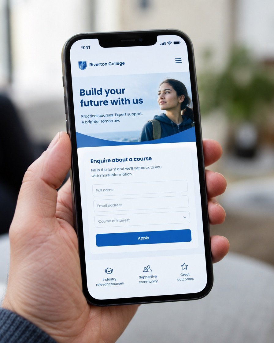 A phone showing a mobile-first enquiry page for a college course with a short form