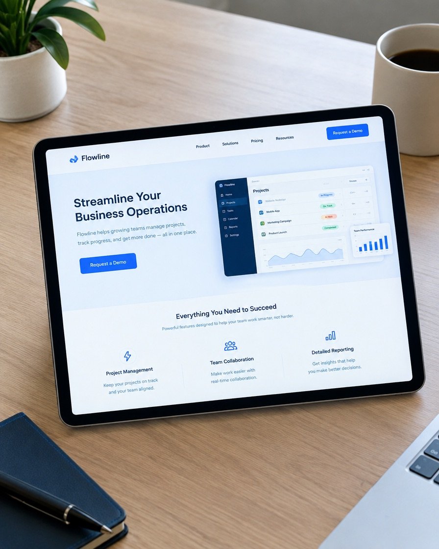 A tablet showing a B2B landing page with a demo request form beside a product screenshot