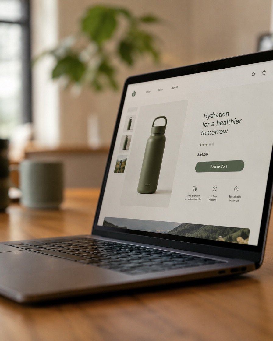 A laptop showing a clean D2C landing page with a bold headline, product image and buy button, from a different angle