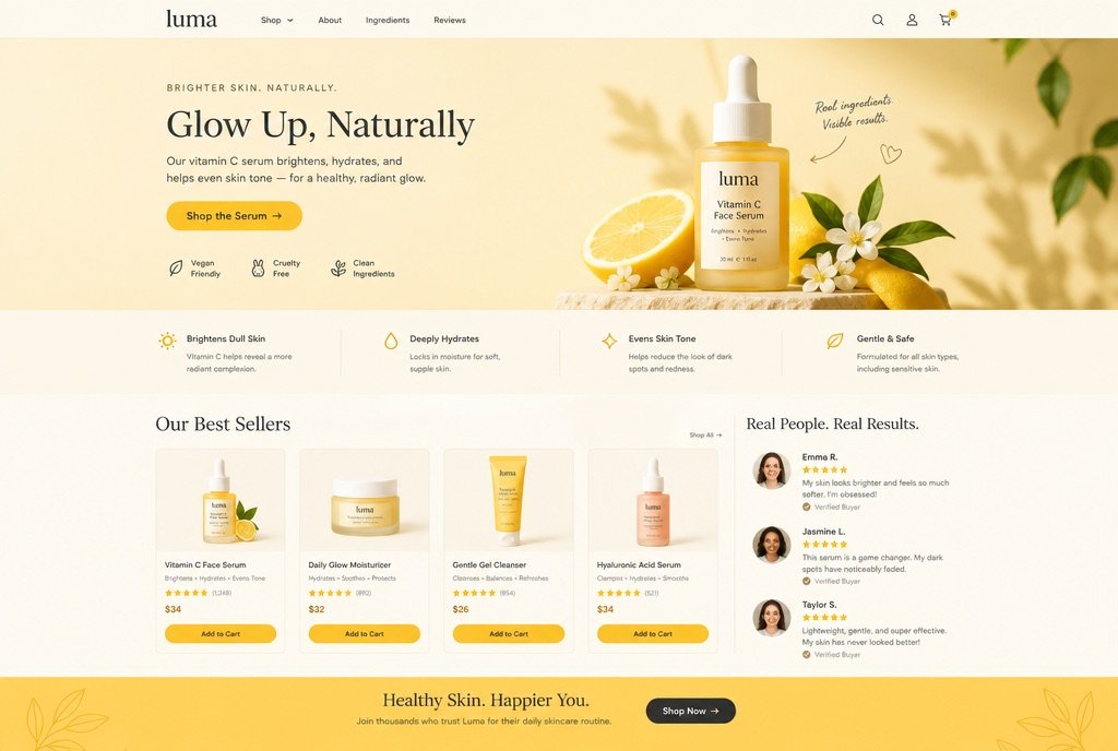 Full landing page for a D2C skincare offer: hero, product grid, reviews, buy button