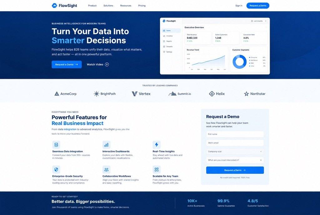 Full landing page for a B2B software demo: proof logos, features, demo form