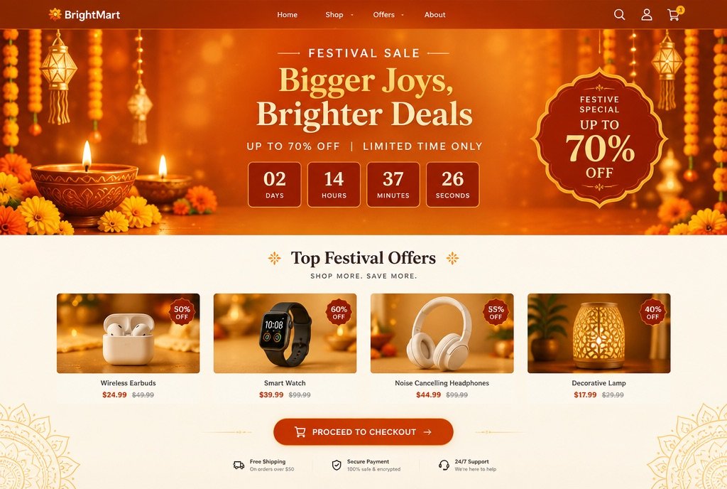 Full landing page for a festival sale: countdown, offer tiles, checkout button