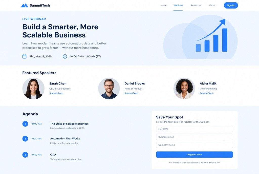 Full landing page for a webinar signup: speaker photos, agenda, short form