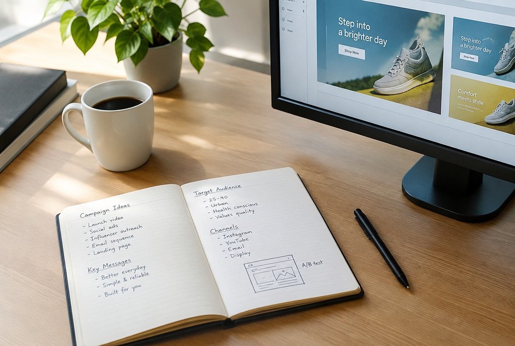 A strategist's notebook open beside an ad layout on a monitor