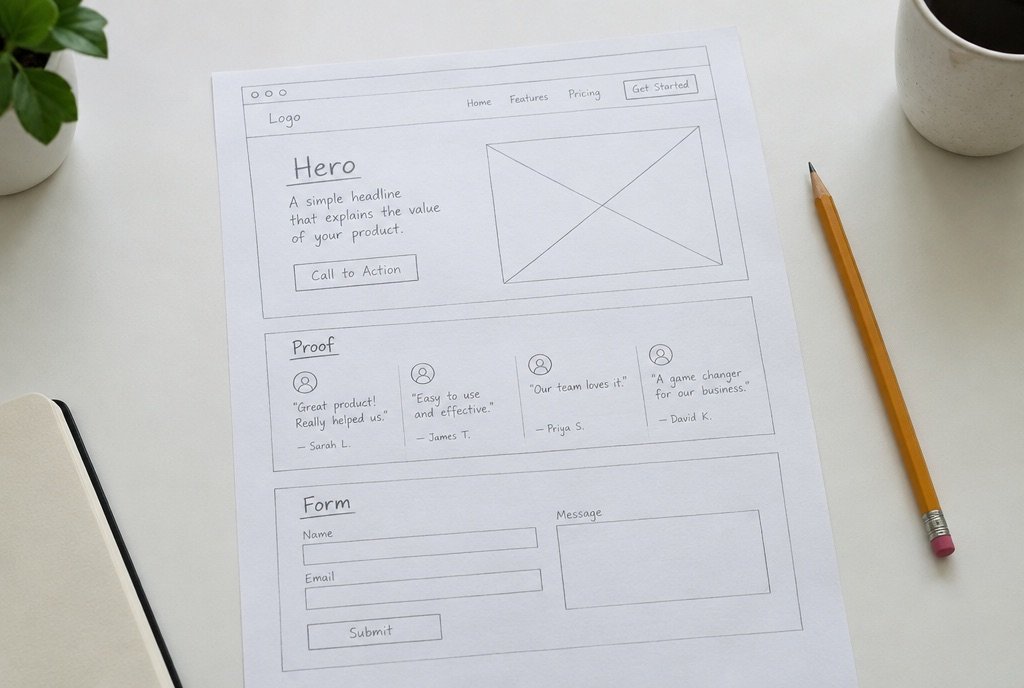 A wireframe sketch of a landing page with sections labelled hero, proof, form