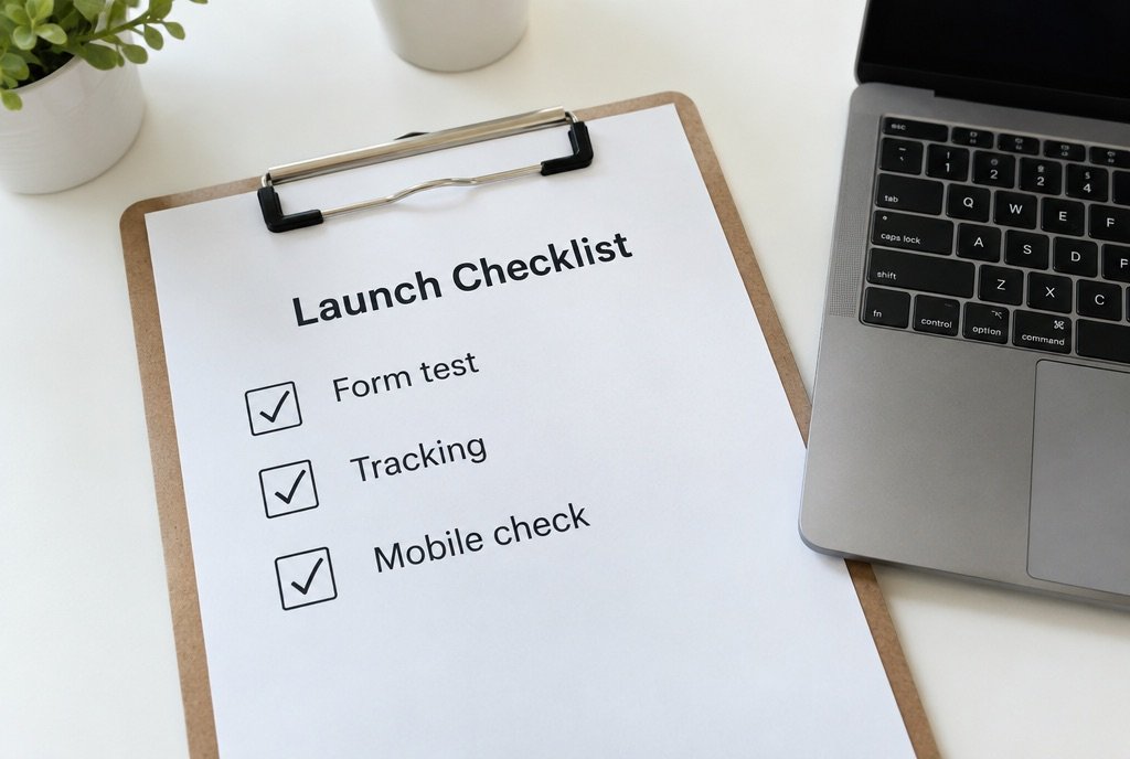 A launch checklist with form test, tracking and mobile check ticked