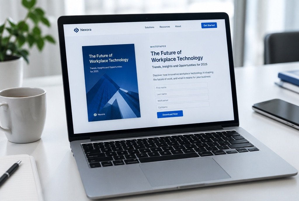 A software product landing page open on a laptop.