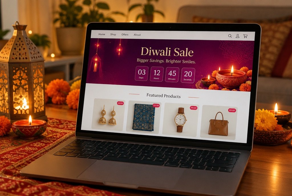 A festival sale landing page on a laptop with a countdown and product grid