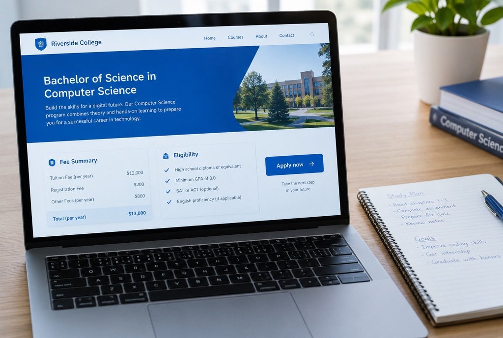 A course landing page with fee summary, eligibility and an apply-now button