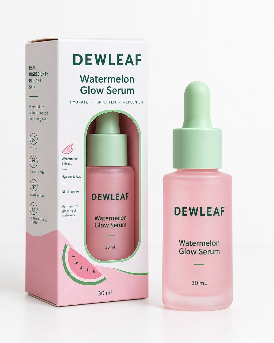 The one real base photo: the DEWLEAF Watermelon Glow Serum bottle and box on a plain white table, flat daylight