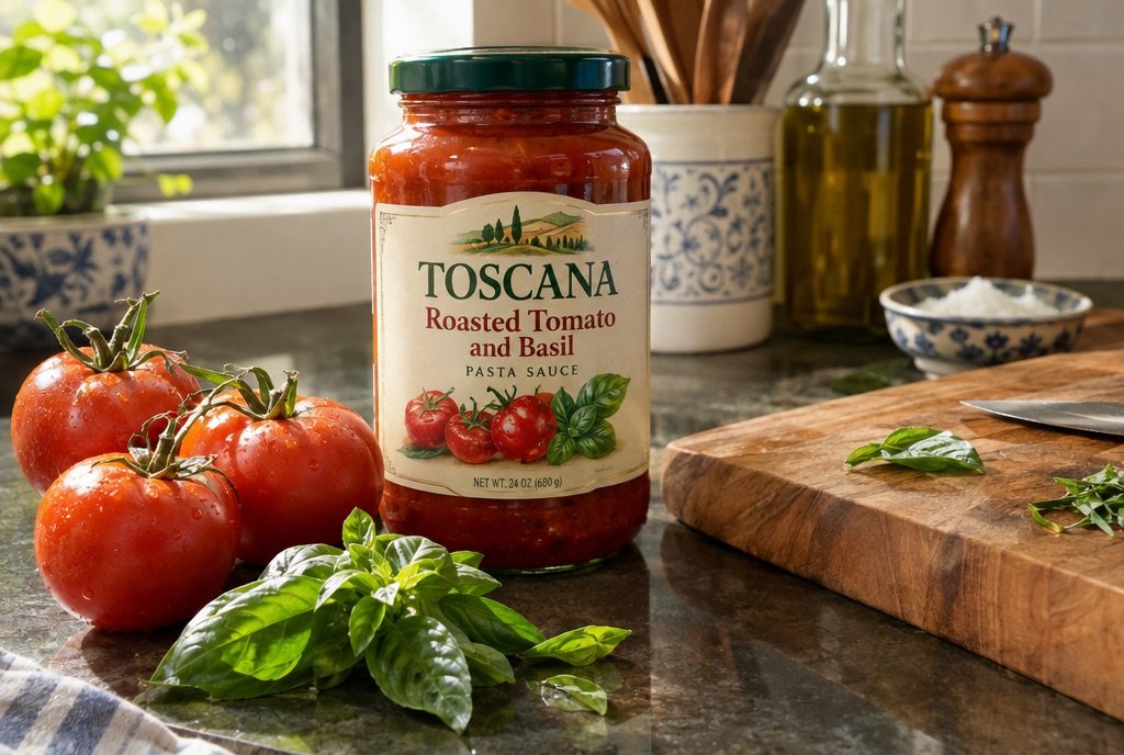 A kitchen counter with a jar of sauce, morning light, cutting board and herbs