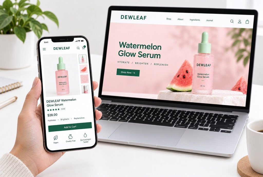 A marketplace product listing page on a phone next to a website banner on a laptop