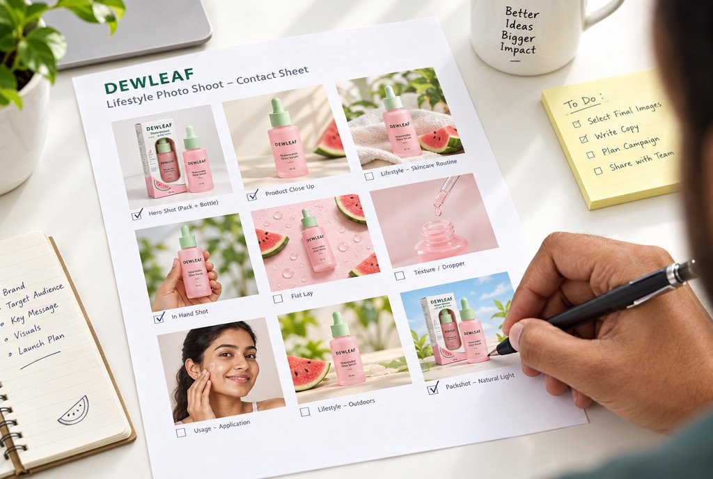 A marketer's hand ticking approval boxes on a printed contact sheet
