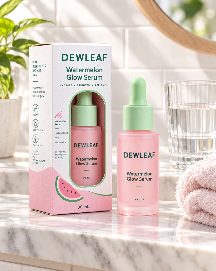 The skincare bottle on a marble bathroom shelf