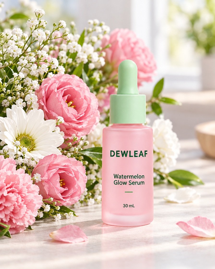 The bottle next to fresh flowers