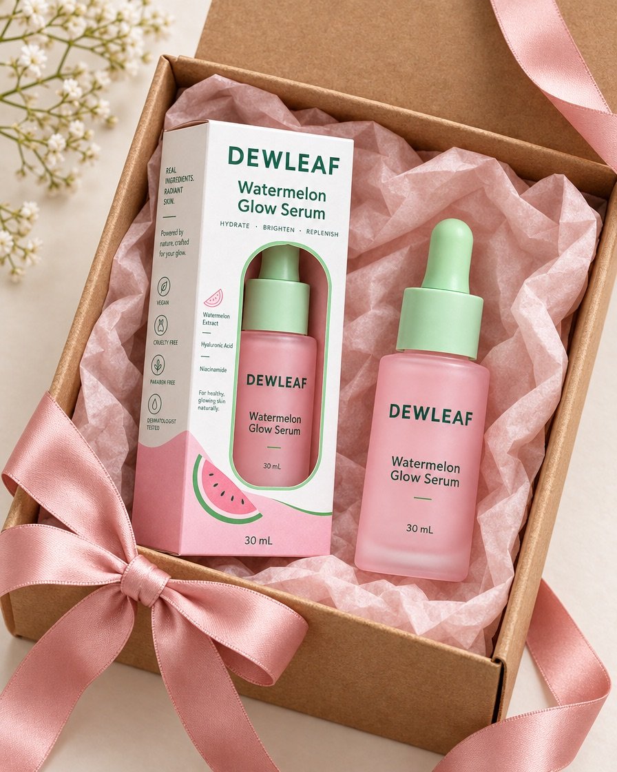 The bottle in a gift box with ribbon