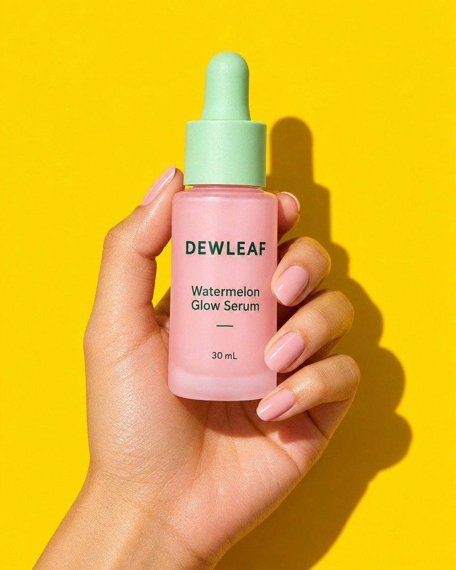 The bottle held in a hand against yellow