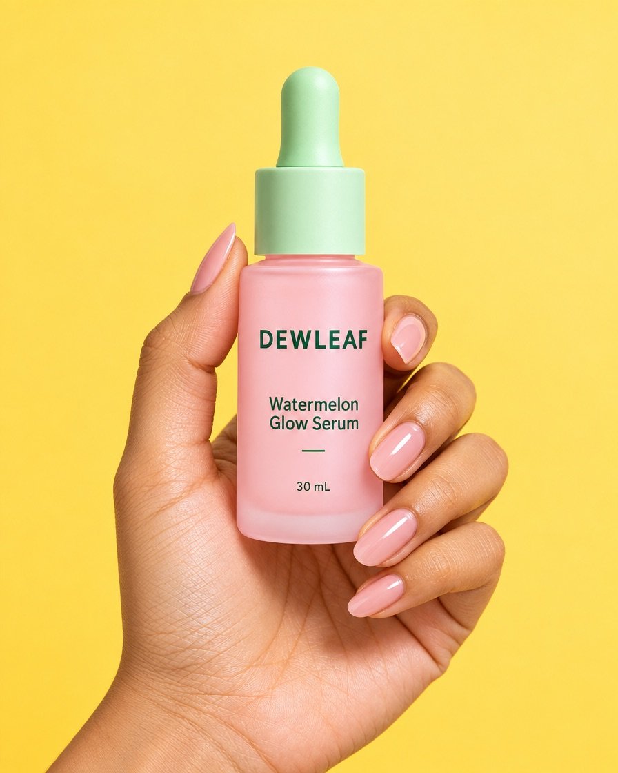 The same DEWLEAF serum bottle held in a hand against a bright yellow backdrop