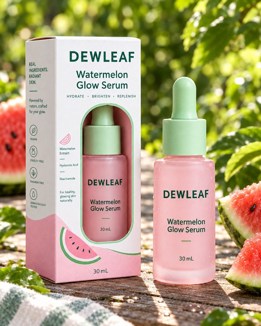 The same DEWLEAF bottle and box on a wooden picnic table with watermelon, green leaves in soft focus