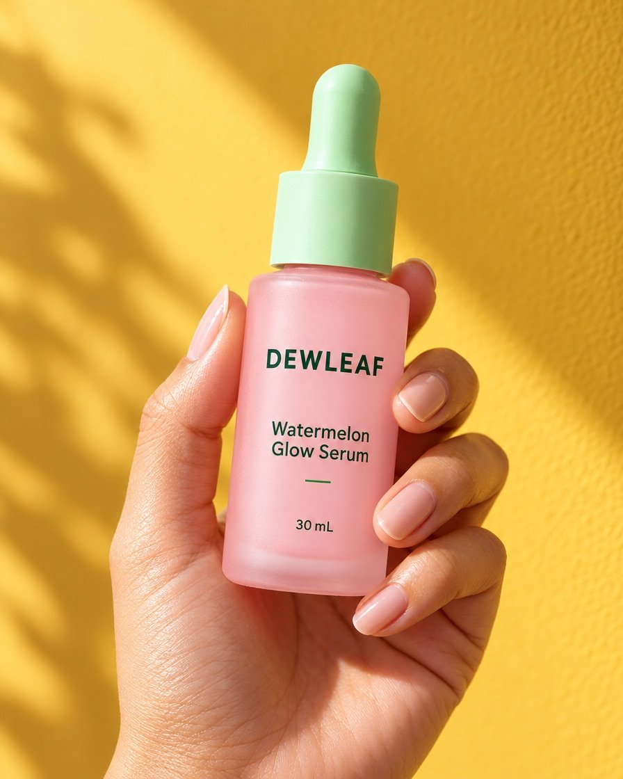 The same DEWLEAF serum bottle held in a hand against a bright yellow backdrop, from a different angle