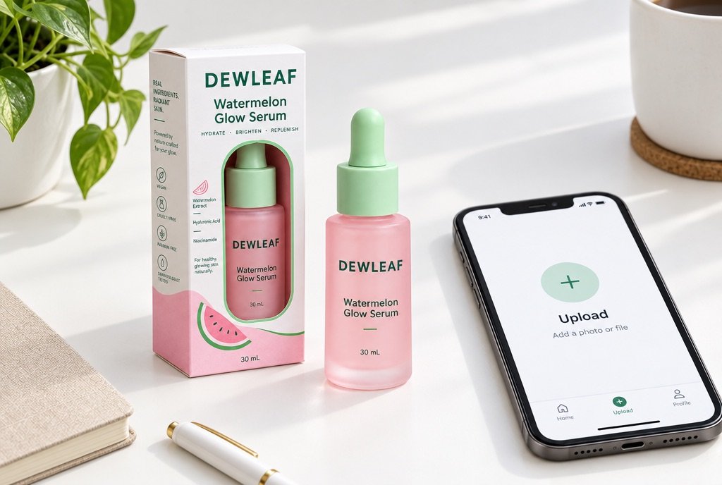 A single product photo on a plain white table next to a phone showing the upload screen