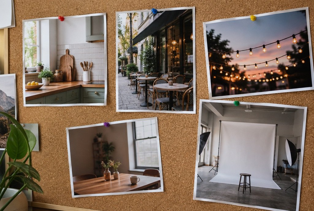 A pinboard of scene reference photos: kitchen counter, street cafe, festival lights, studio backdrop