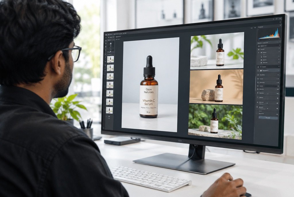 A designer's screen showing a product image side by side with three generated scene variations