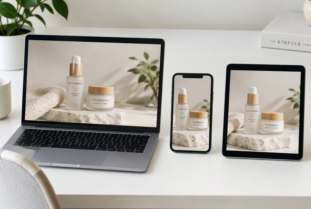 A laptop, a phone and a tablet each showing the same product in a different crop