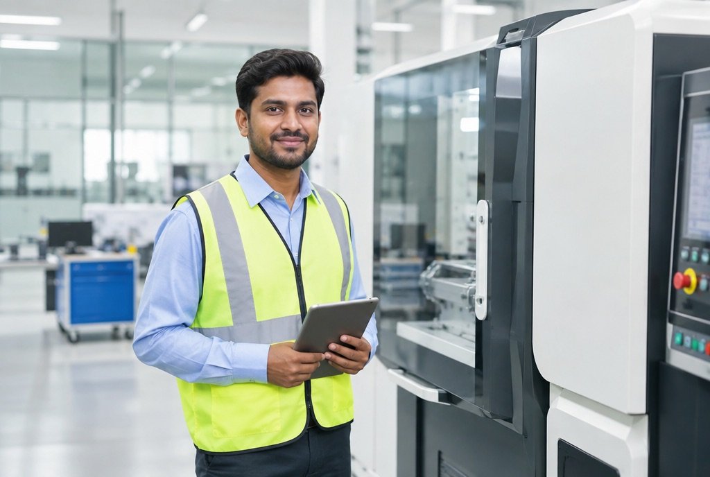 An engineer with a tablet on a factory floor.