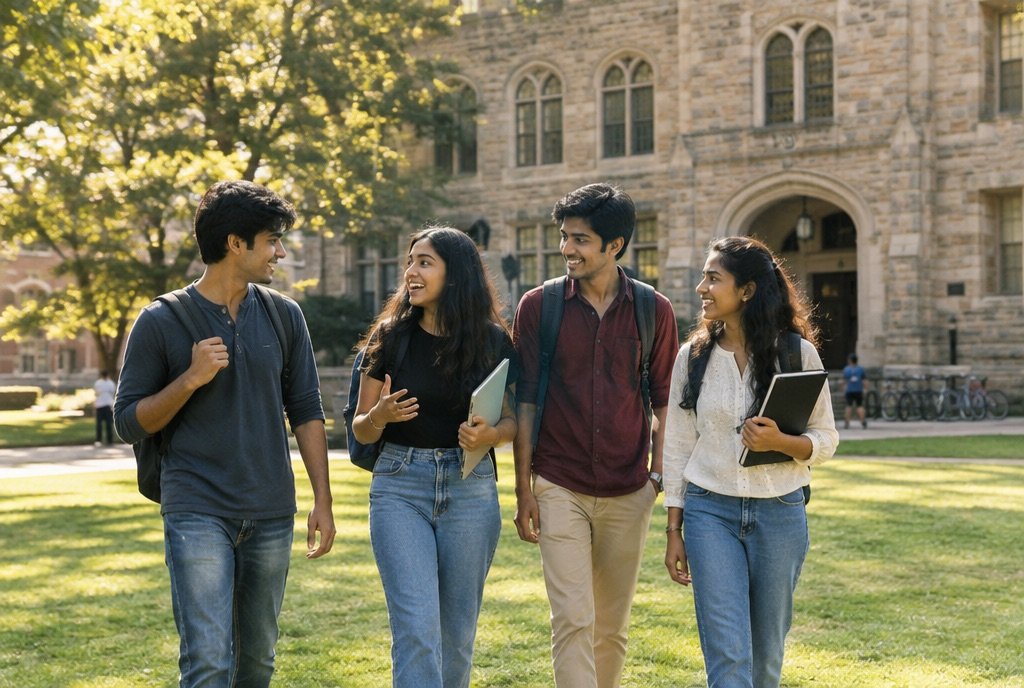 Students walking across a university campus.