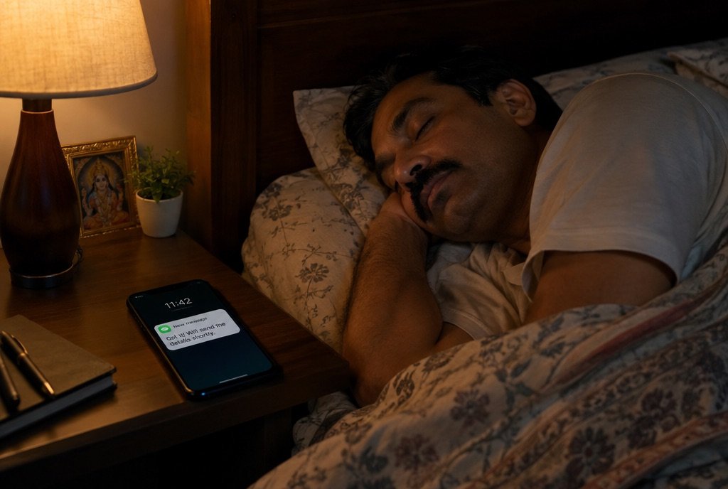 A shop owner asleep while a phone on the bedside table glows with a chat reply