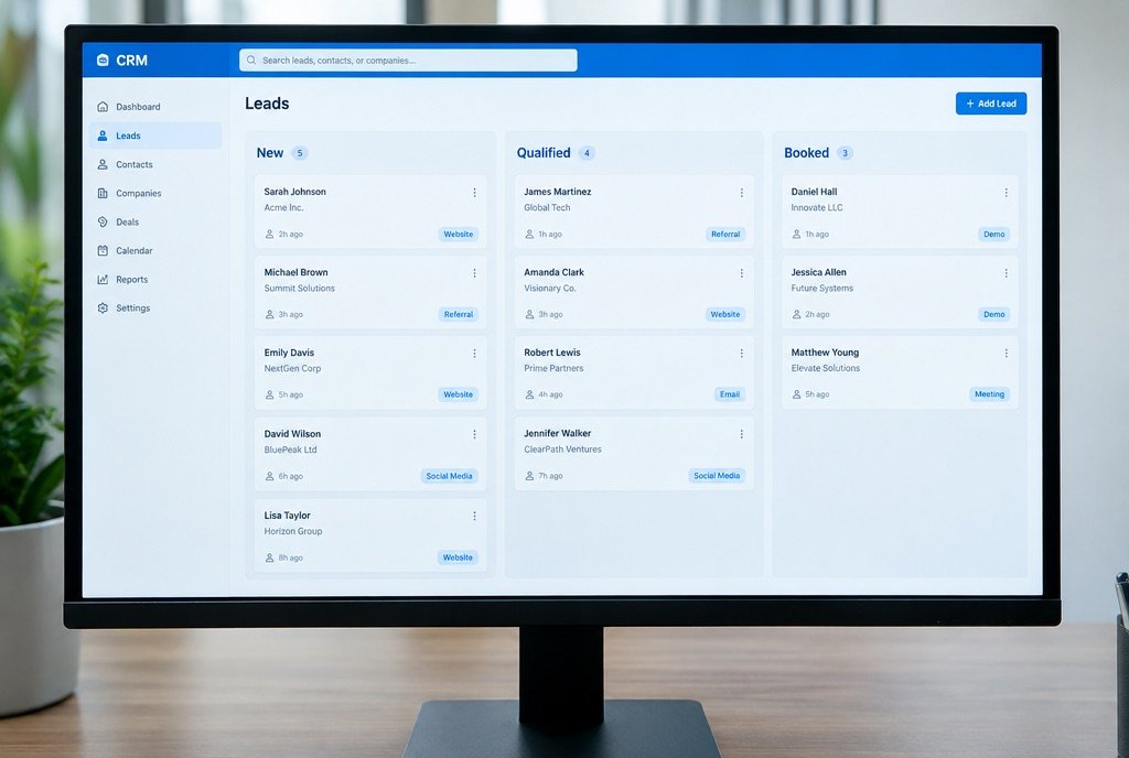 A CRM board with lead cards sorted into new, qualified and booked columns