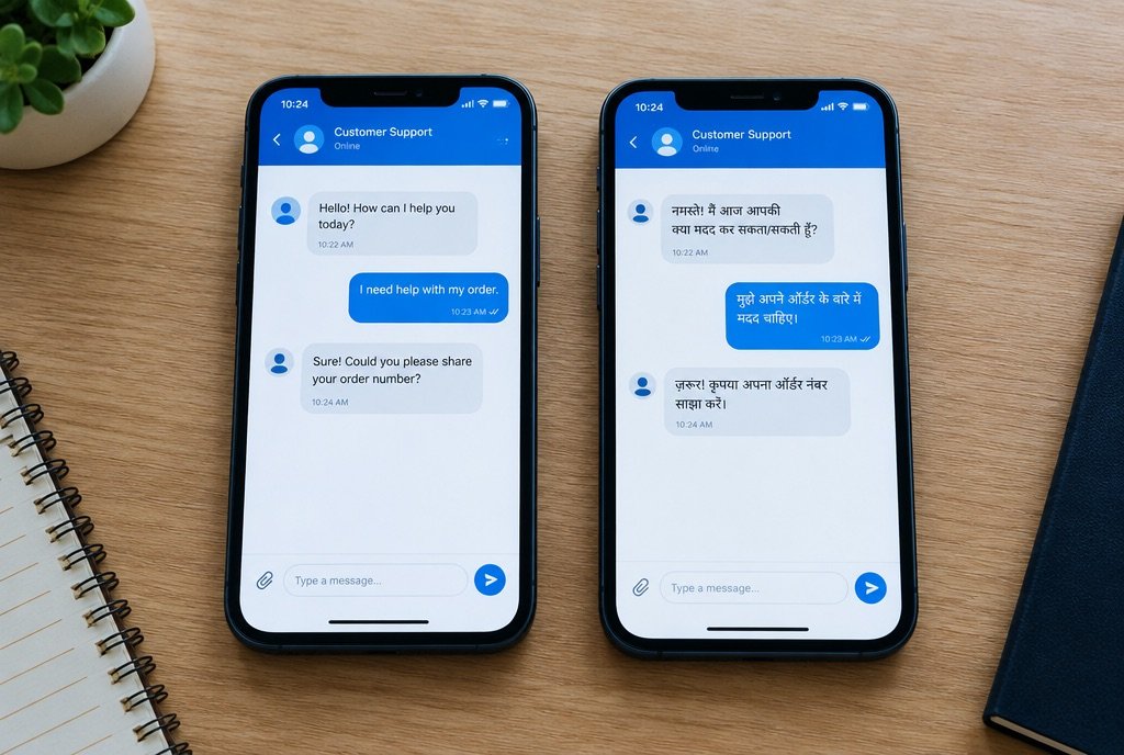 A chat on a phone with the reply in Hindi and English side by side