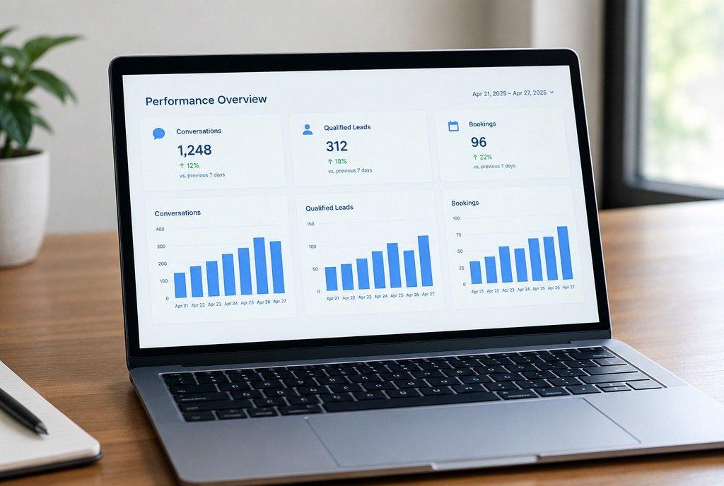 A reporting dashboard with conversation and booking counts as simple bars