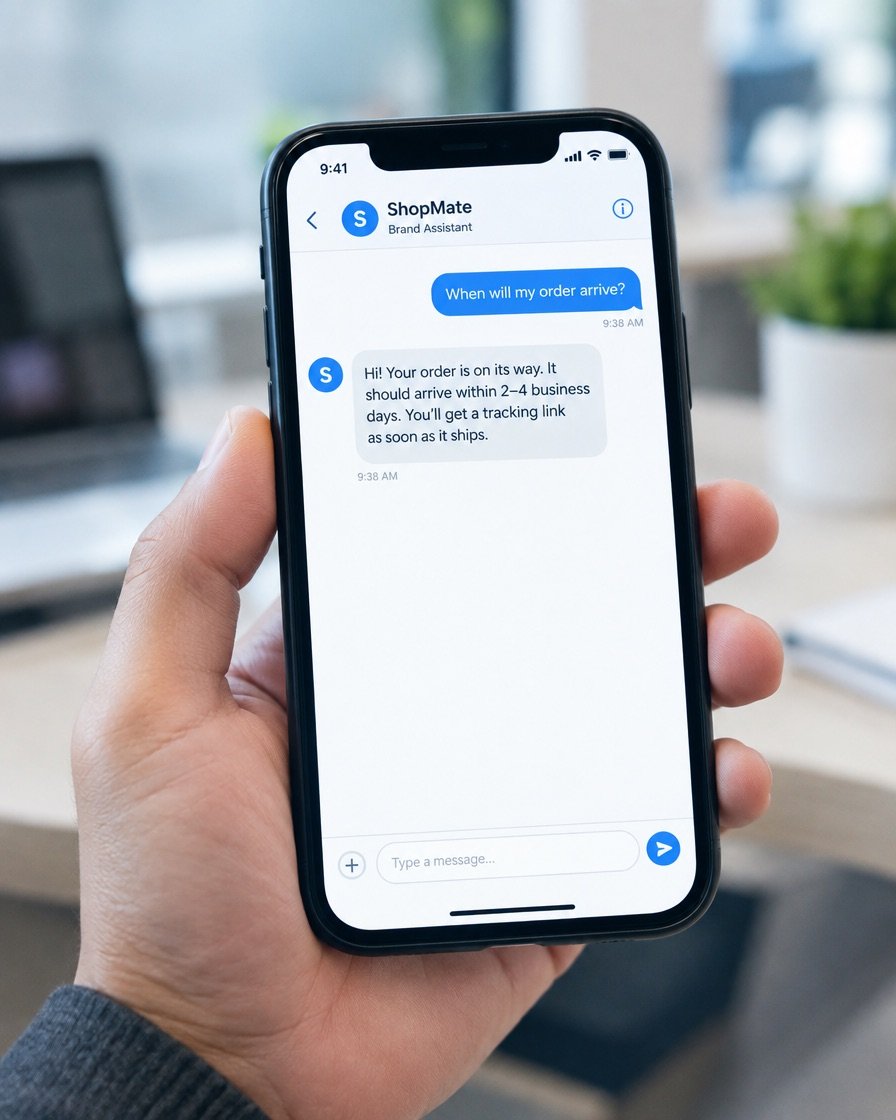 A chat window on a phone: a customer asks about delivery and gets a friendly, short reply