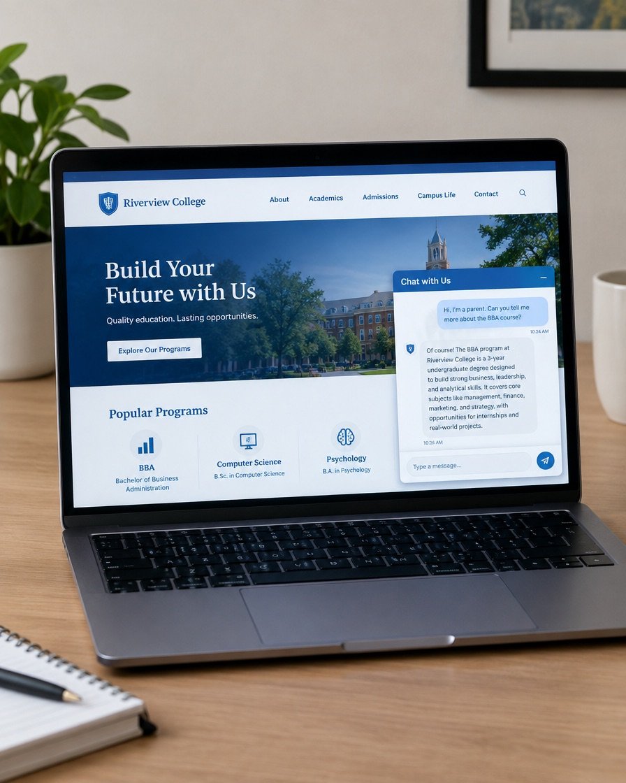 A website chat bubble open on a laptop showing a course enquiry conversation