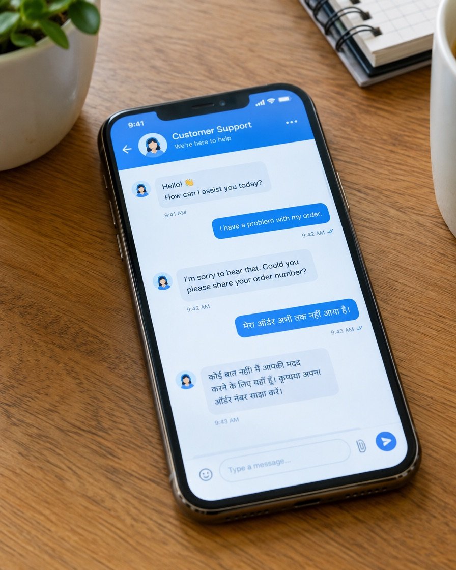A chat window on a phone: a customer asks about delivery and gets a friendly, short reply, from a different angle