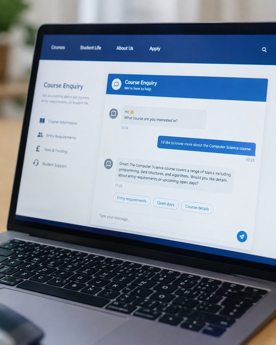 A website chat bubble open on a laptop showing a course enquiry conversation, from a different angle